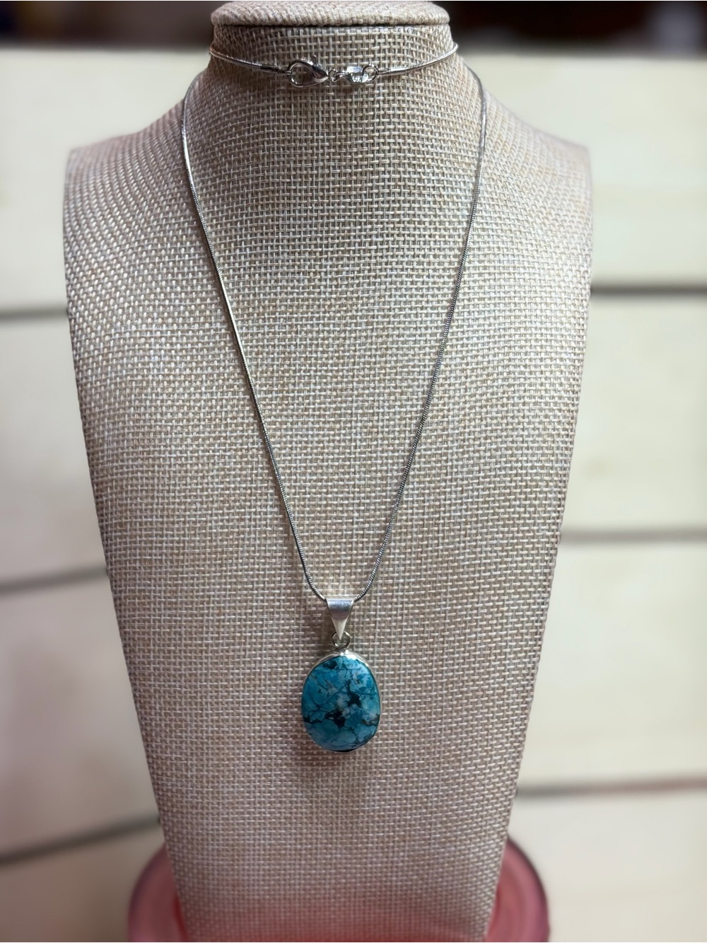 Artisan Turquoise Oval Pendant Necklace in Blue with Black Matrix